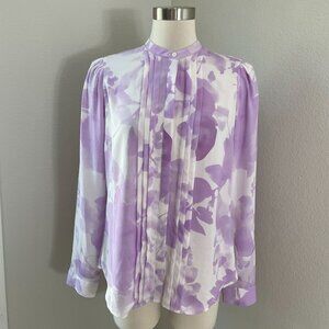 Express Womens Medium Purple Floral Pleated Blouse Long Sleeve Shirt Top